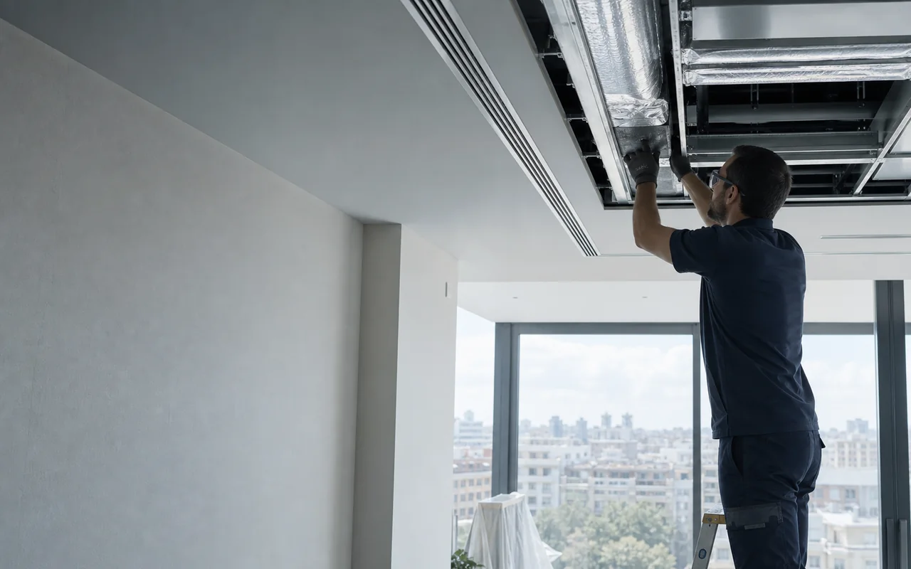 Técnico revisando una instalación de aire acondicionado por conductos en Madrid