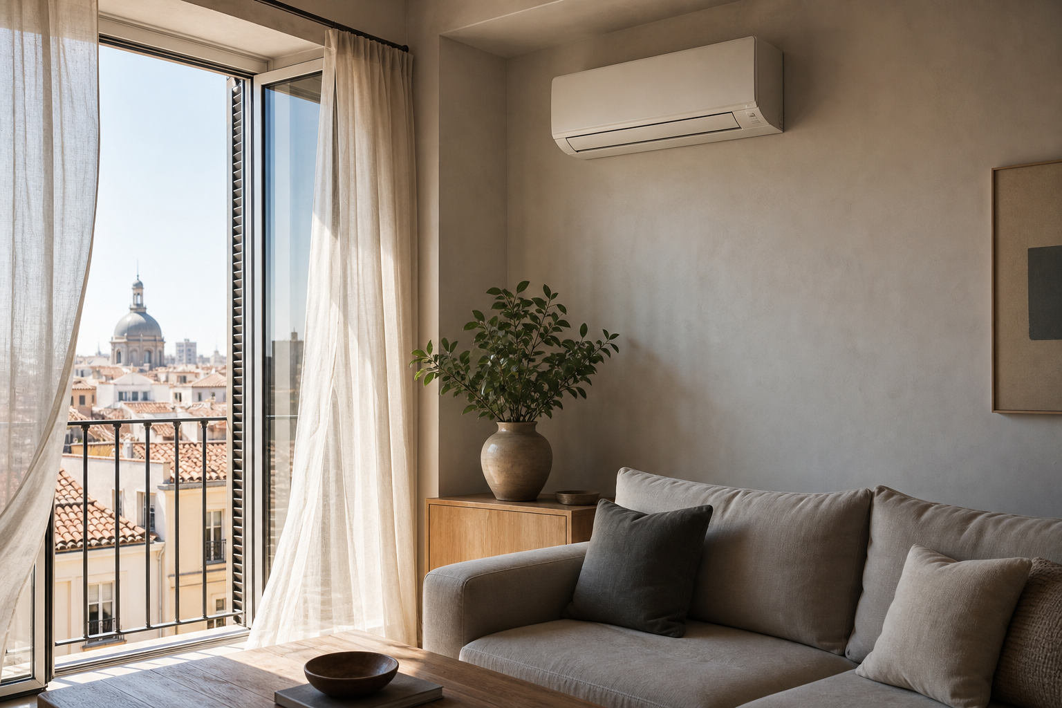 Imagen editorial de una unidad interior de aire acondicionado en una vivienda de Madrid durante una tarde cálida