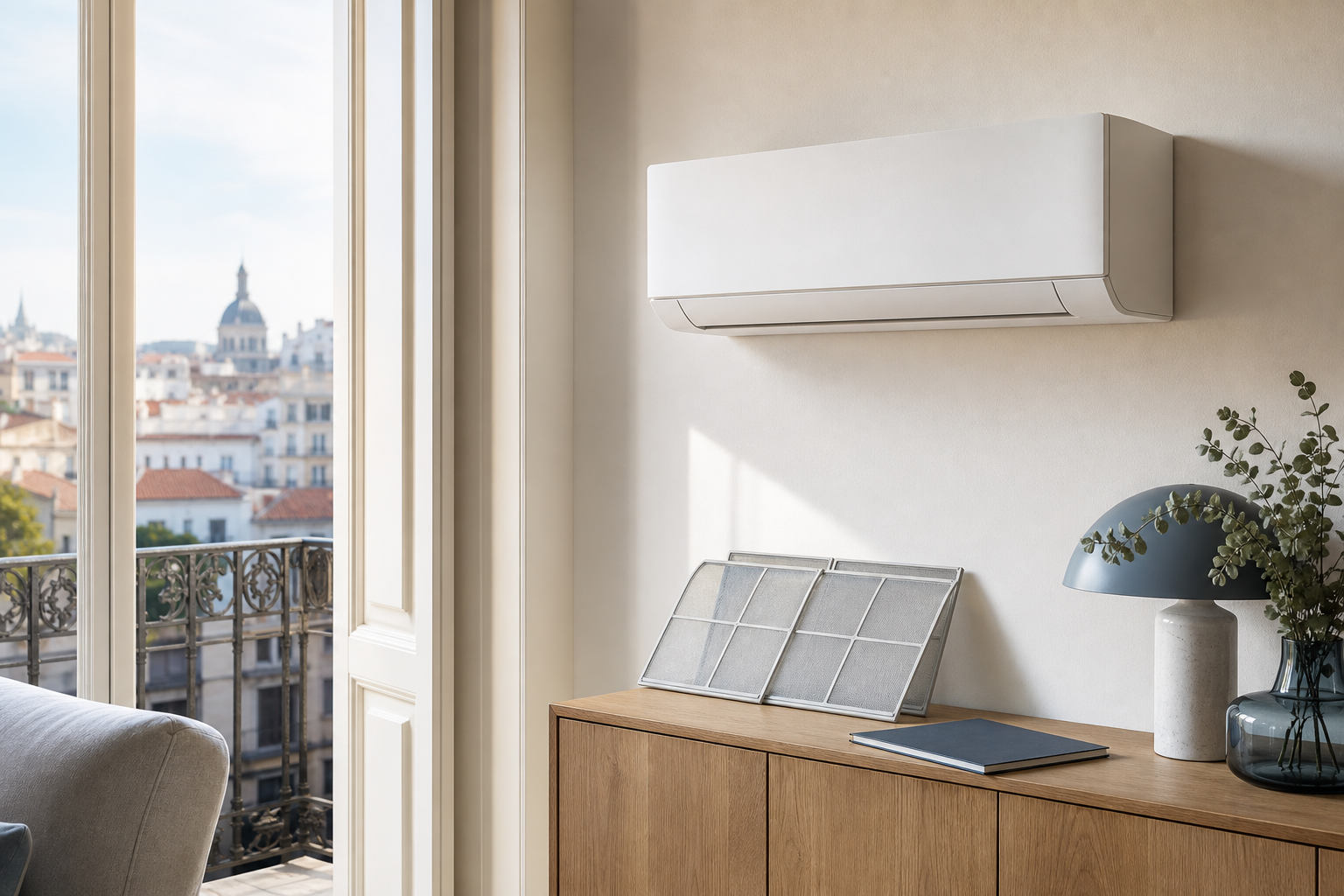 Imagen editorial de una unidad interior de aire acondicionado y filtros extraíbles en una vivienda de Madrid