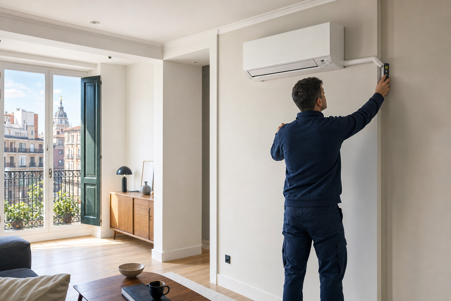 Técnico revisando la instalación de un split de aire acondicionado en una vivienda de Madrid
