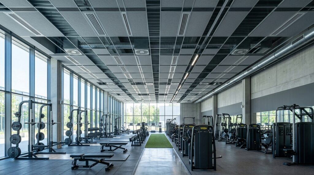 Sala de musculación de un gimnasio con difusores de aire acondicionado integrados en el falso techo