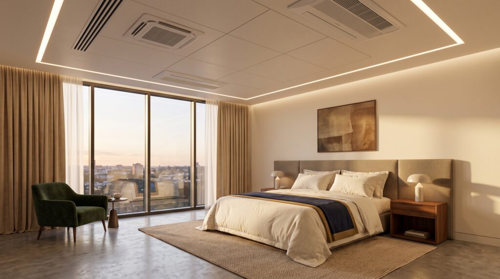 Habitación de hotel con la unidad interior de aire acondicionado integrada en el falso techo