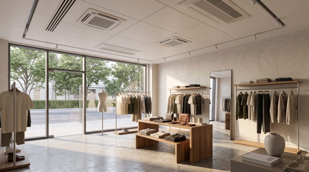 Interior de un local comercial con escaparate y difusores de aire acondicionado en el falso techo