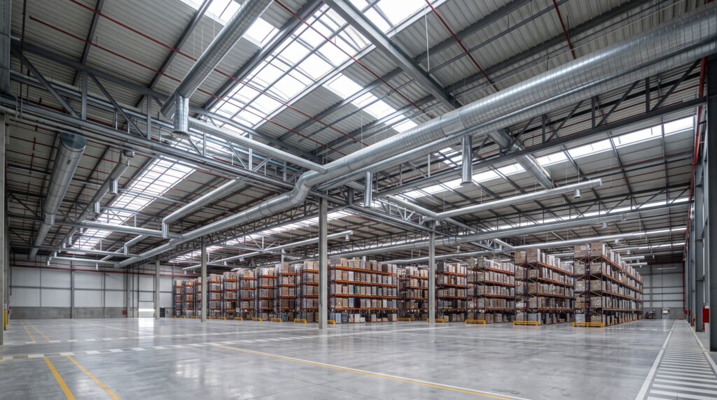 Interior de una nave industrial de gran altura con la estructura de cubierta y los conductos de climatización a la vista
