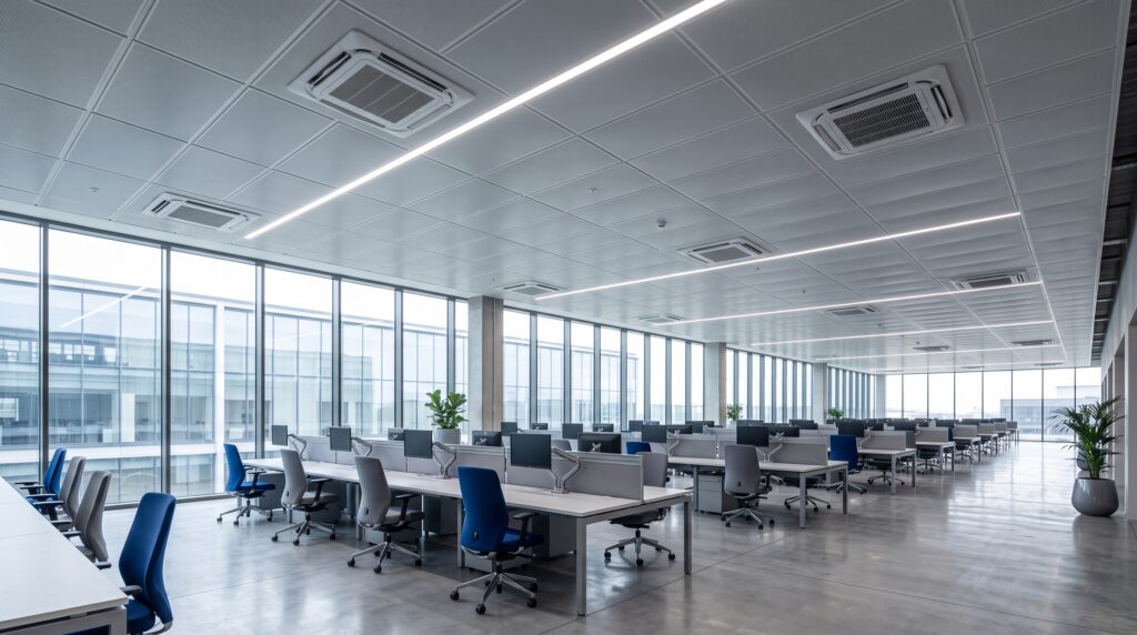 Planta diáfana de oficinas con unidades cassette de aire acondicionado integradas en el falso techo