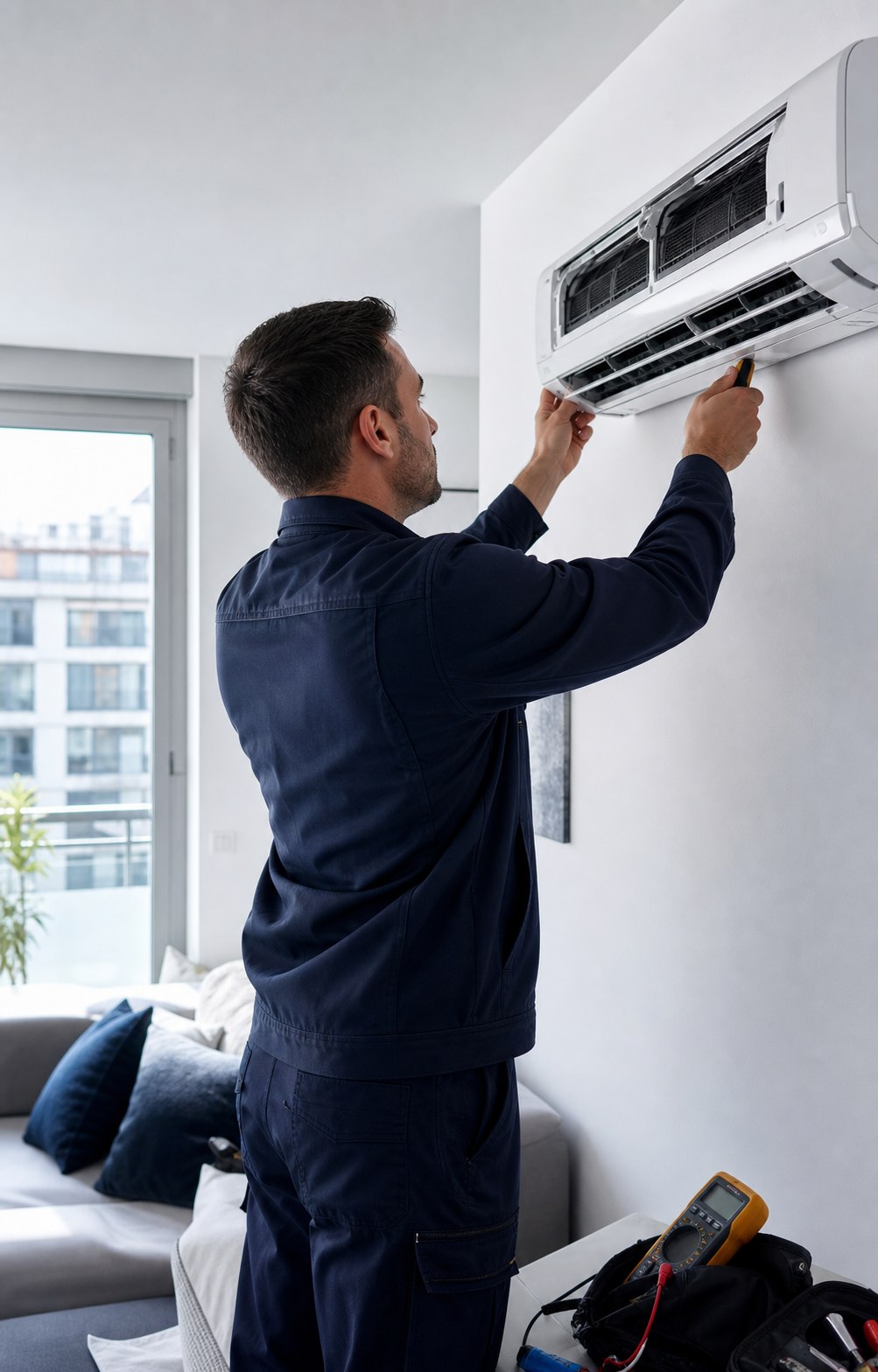 Técnico de Climavera revisando una unidad interior de aire acondicionado