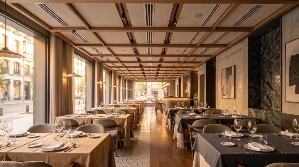 Comedor de un restaurante con difusores lineales de aire acondicionado en el falso techo