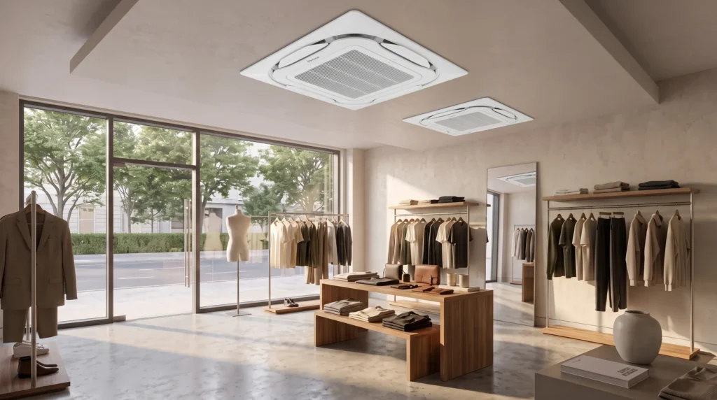 Local comercial con escaparate y cassettes Daikin Round Flow empotrados en el techo