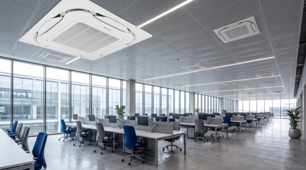 Planta diáfana de oficinas con cassettes Daikin Round Flow integrados en el falso techo