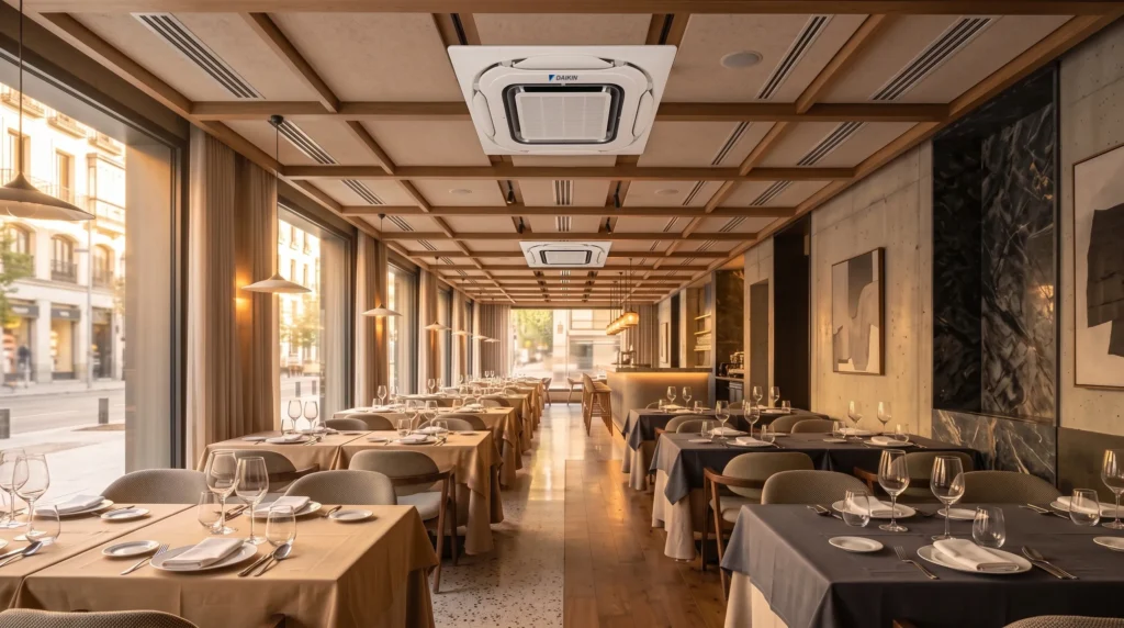 Comedor de restaurante con cassettes Daikin Round Flow empotrados entre las vigas del techo
