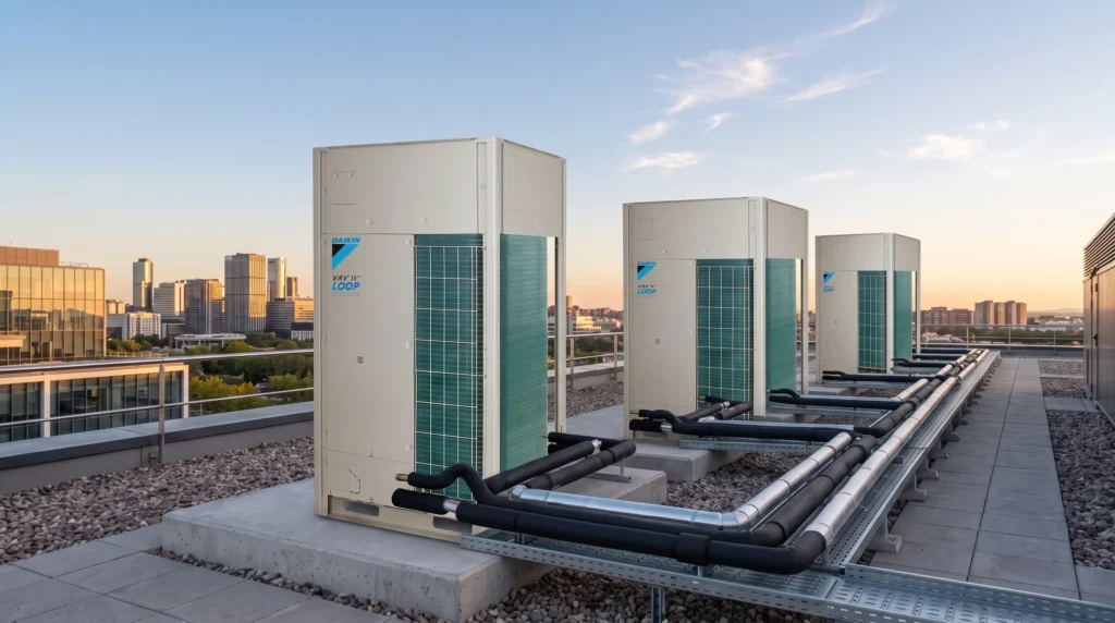 Unidades exteriores Daikin VRV alineadas sobre bancadas en la cubierta de un edificio de oficinas